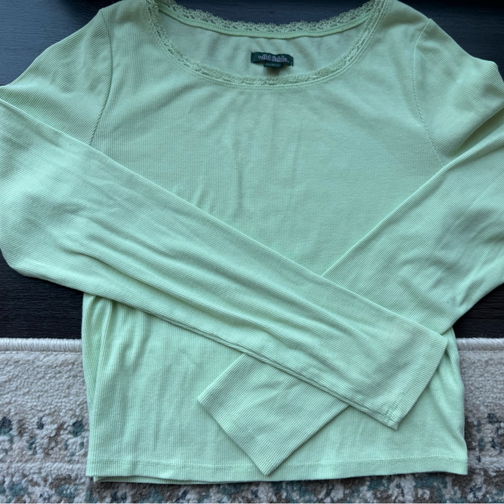 Target Wild Fable Lace Trim Light Green Ribbed Crop Long Sleeve